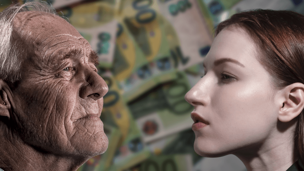 Stariji muškarac na lijevoj strani i mlađa ženska osoba na desnoj strani, a iza njih je novac