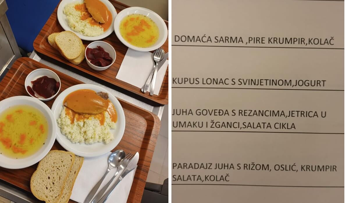 Topli obroci u Domu za starije osobe; s lijeve strane se nalazi hrana na tacni, a s desne je primjer jelovnika