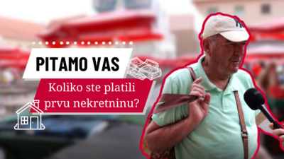 Tekst: 'Pitamo vas: Koliko ste platili prvu nekretninu' i umirovljenik koji odgovara na pitanja ispred mikrofona