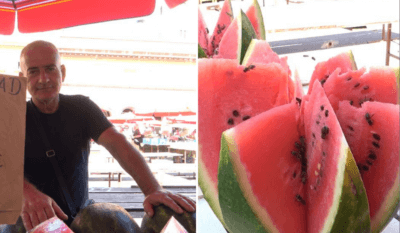 Prodavač lubenica na Dolcu i razrezana lubenica pored njega