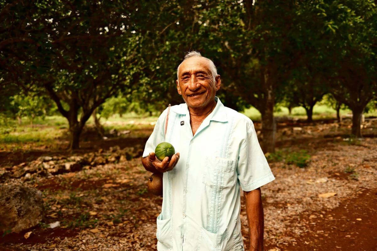 umirovljenik s plodom u ruci u voćnjaku