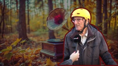 Umirovljenik Ivica sa žutom kacigom, iza njega gramofon na tlu šume u jesen